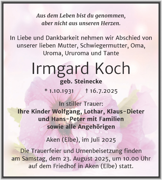 Traueranzeige von Irmgard Koch von Trauerkombi Köthen