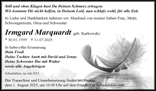 Traueranzeige von Irmgard Marquardt von Trauerkombi Aschersleben