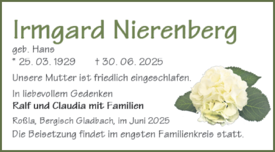 Traueranzeige von Irmgard Nierenberg von Trauerkombi Sangerhausen