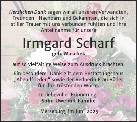 Traueranzeige von Irmgard Scharf von Trauerkombi Merseburg
