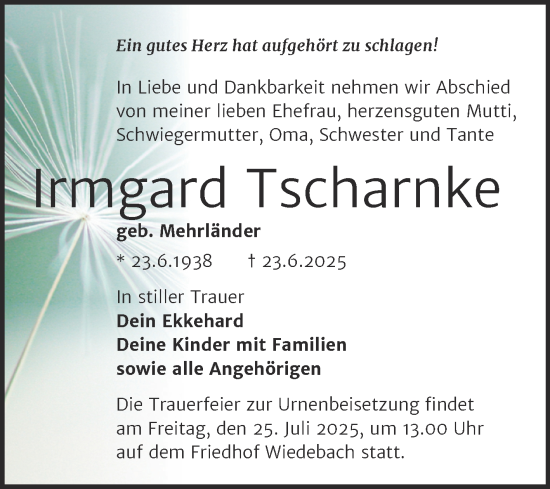 Traueranzeige von Irmgard Tscharnke von Trauerkombi Weißenfels