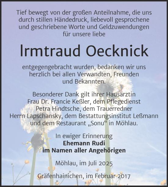 Traueranzeige von Irmtraud Oecknick von Trauerkombi Wittenberg