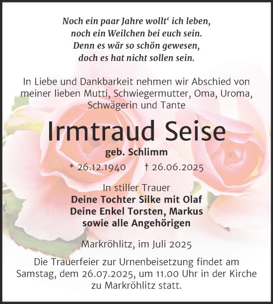 Traueranzeige von Irmtraud Seise von Super Sonntag Naumburg/Nebra