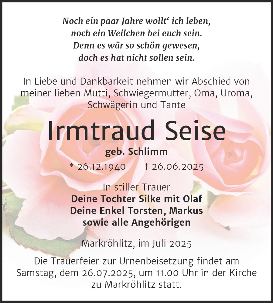  Traueranzeige für Irmtraud Seise vom 12.07.2025 aus Super Sonntag Naumburg/Nebra