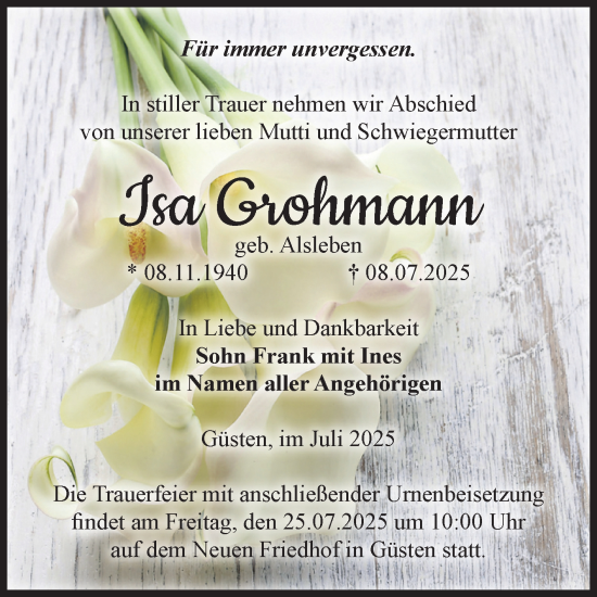 Traueranzeige von Isa Grohmann 
