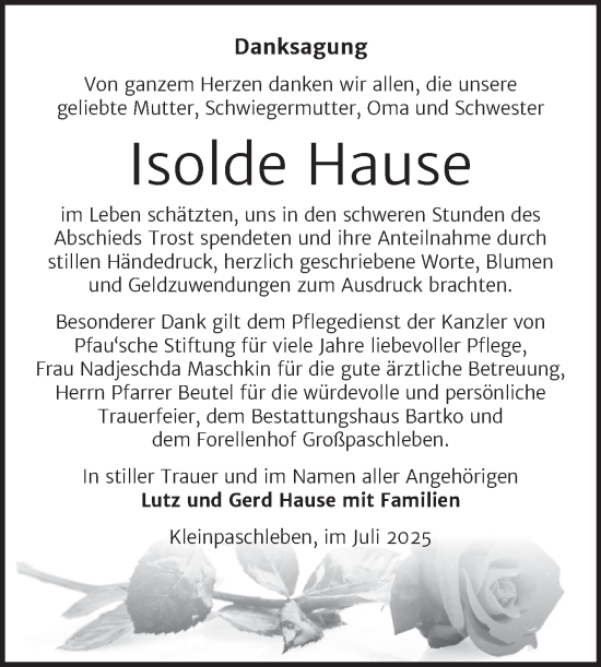 Traueranzeige von Isolde Hause von Trauerkombi Köthen