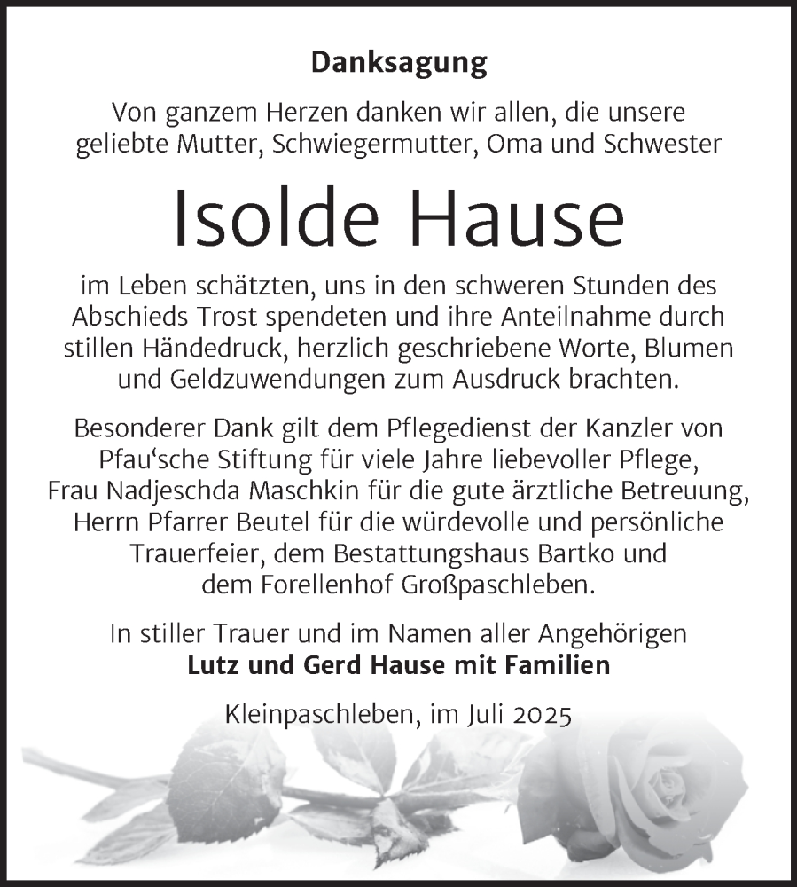  Traueranzeige für Isolde Hause vom 12.07.2025 aus Trauerkombi Köthen