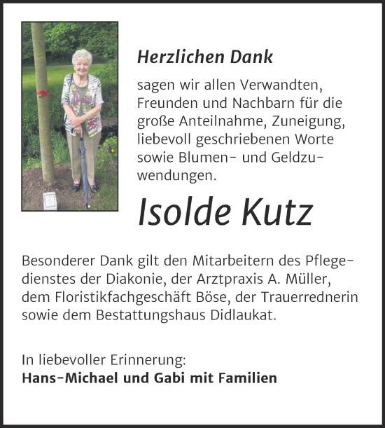 Traueranzeige von Isolde Kutz von Trauerkombi Quedlinburg