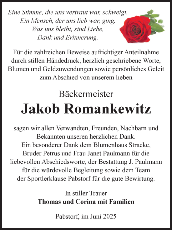 Traueranzeige von Jakob Romankewitz von Volksstimme Halberstadt