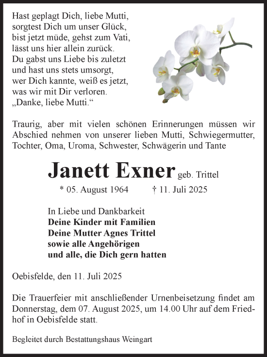 Traueranzeige von Janett Exner von Volksstimme Altmark West