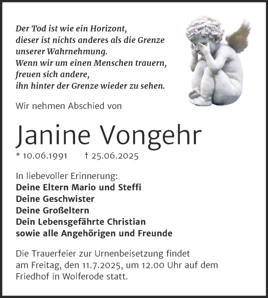 Traueranzeige von Janine Vongehr von Trauerkombi Mansfelder Land