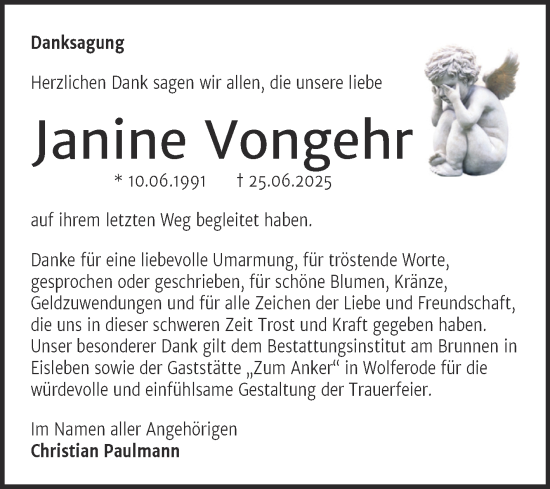 Traueranzeige von Janine Vongehr von Trauerkombi Mansfelder Land