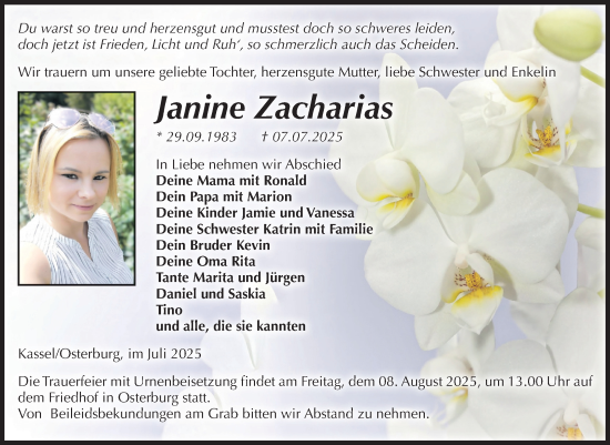 Traueranzeige von Janine Zacharias von Volksstimme Altmark Ost