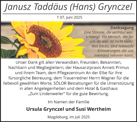 Traueranzeige von Janusz Taddäus Grynczel von Volksstimme Magdeburg