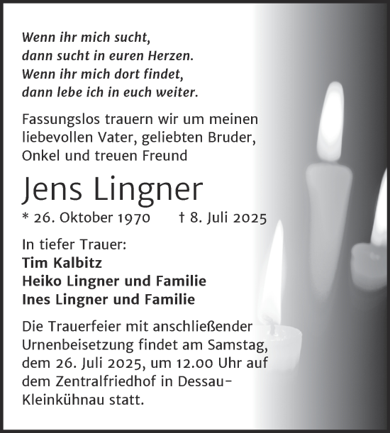 Traueranzeige von Jens Lingner von Trauerkombi Dessau