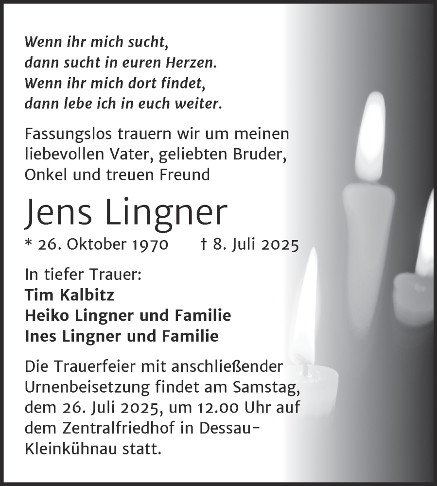  Traueranzeige für Jens Lingner vom 19.07.2025 aus Trauerkombi Dessau