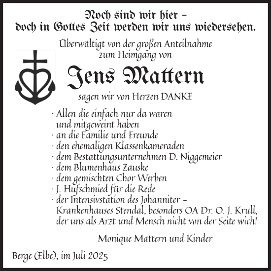 Traueranzeige von Jens Mattern von Volksstimme Altmark Ost