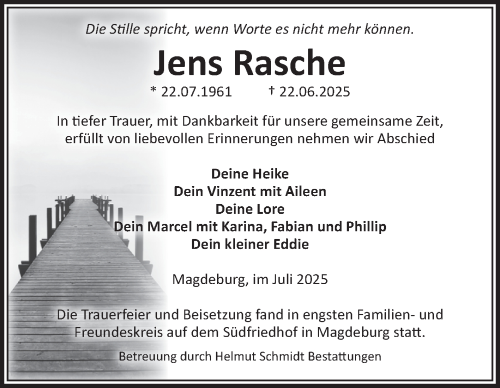  Traueranzeige für Jens Rasche vom 26.07.2025 aus Volksstimme Magdeburg