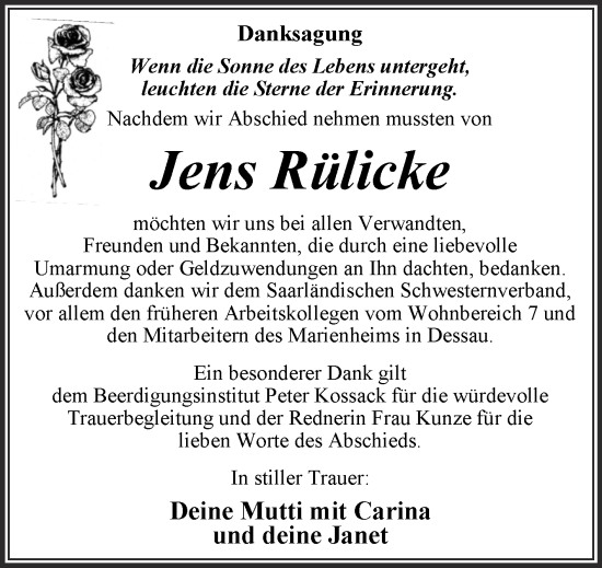 Traueranzeige von Jens Rülicke von Trauerkombi Dessau