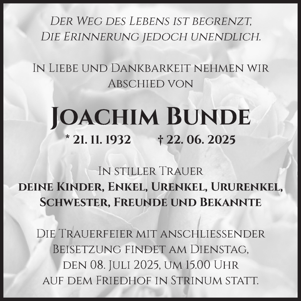  Traueranzeige für Joachim Bunde vom 05.07.2025 aus Volksstimme Zerbst