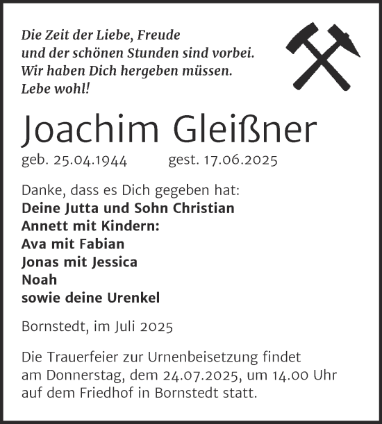 Traueranzeige von Joachim Gleißner von Trauerkombi Mansfelder Land