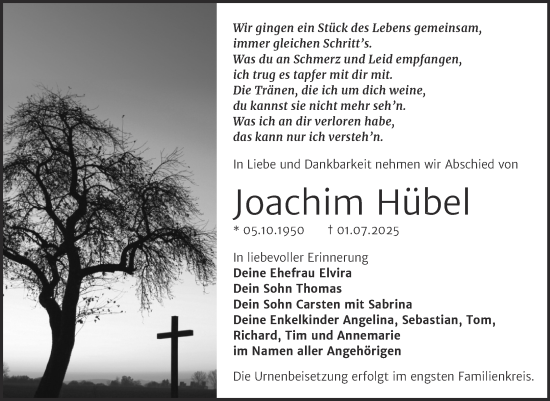 Traueranzeige von Joachim Hübel von Trauerkombi Bitterfeld