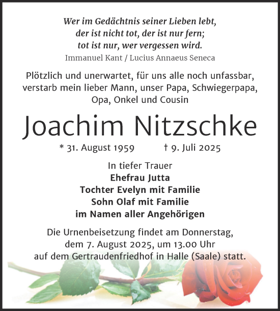 Traueranzeige von Joachim Nitzschke von Mitteldeutsche Zeitung Halle/Saalkreis
