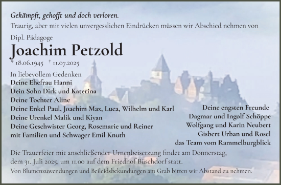 Traueranzeige von Joachim Petzold von Mitteldeutsche Zeitung Halle/Saalkreis