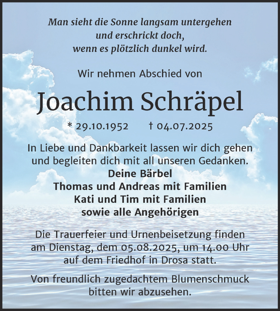  Traueranzeige für Joachim Schräpel vom 19.07.2025 aus Trauerkombi Köthen