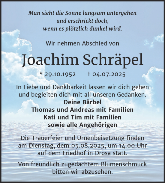 Traueranzeige von Joachim Schräpel von Trauerkombi Köthen