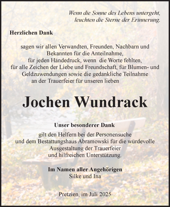 Traueranzeige von Jochen Wundrack von Volksstimme Burg/Genthin