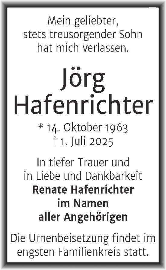Traueranzeige von Jörg Hafenrichter von Mitteldeutsche Zeitung Halle/Saalkreis
