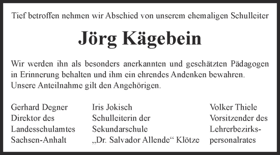 Traueranzeige von Jörg Kägebein von Volksstimme Altmark West
