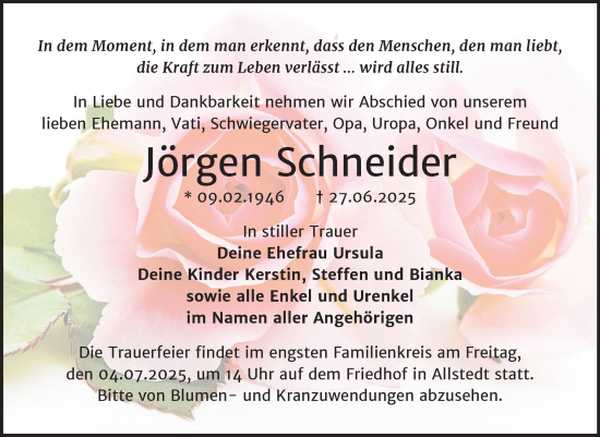 Traueranzeige von Jörgen Schneider von Trauerkombi Sangerhausen