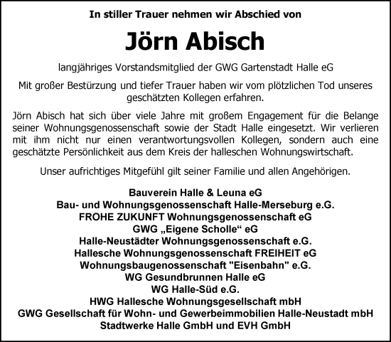 Traueranzeige von Jörn Abisch von Mitteldeutsche Zeitung Halle/Saalkreis