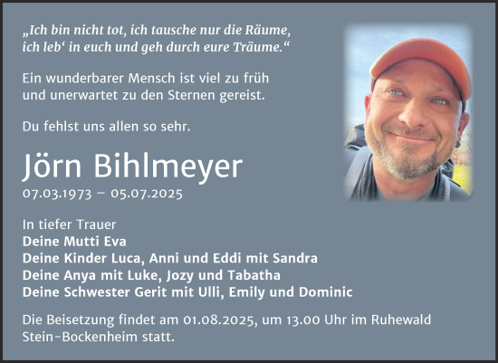 Traueranzeige von Jörn Bihlmeyer von Trauerkombi Wittenberg