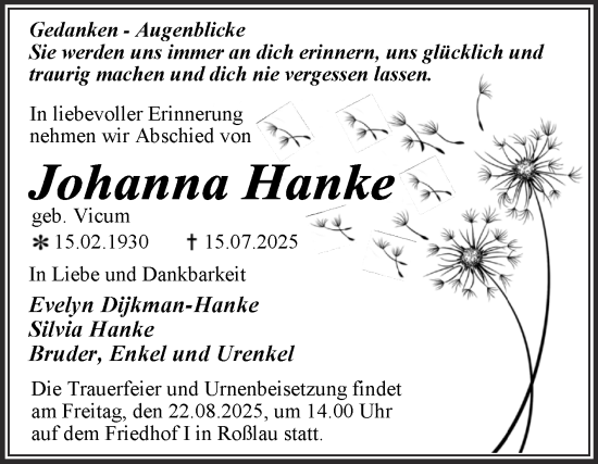 Traueranzeige von Johanna Hanke von Trauerkombi Dessau