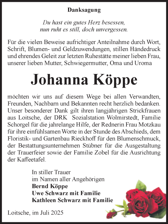 Traueranzeige von Johanna Köppe von Volksstimme Haldensleben/Wolmirstedt