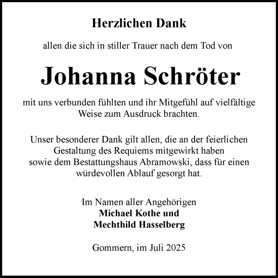 Traueranzeige von Johanna Schröter von Volksstimme Burg/Genthin