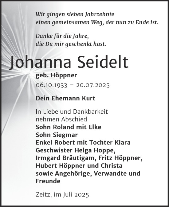 Traueranzeige von Johanna Seidelt von Trauerkombi Zeitz