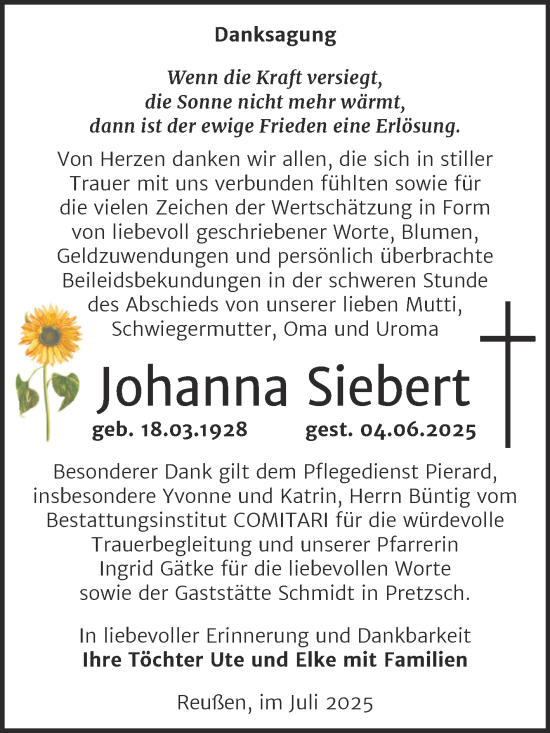 Traueranzeige von Johanna Siebert von Trauerkombi Weißenfels