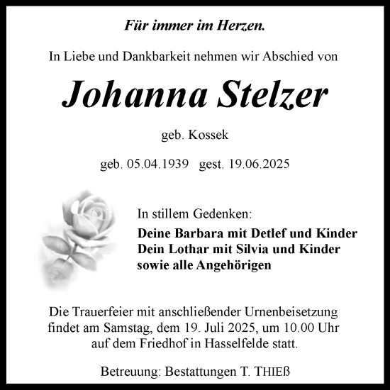 Traueranzeige von Johanna Stelzer von Volksstimme Wernigerode