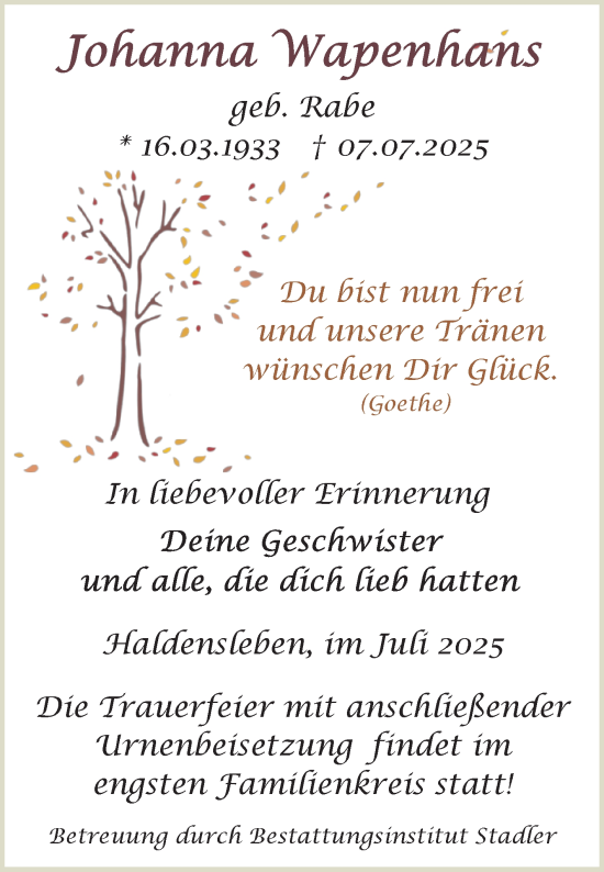 Traueranzeige von Johanna Wapenhans von Volksstimme Haldensleben/Wolmirstedt