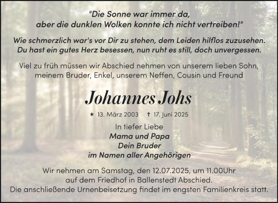 Traueranzeige von Johannes Johs von Trauerkombi Quedlinburg