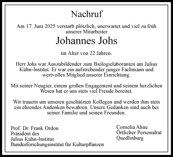 Traueranzeige von Johannes Johs von Super Sonntag Quedlingburg