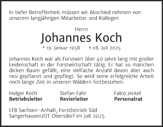Traueranzeige von Johannes Koch von Naumburger Tageblatt