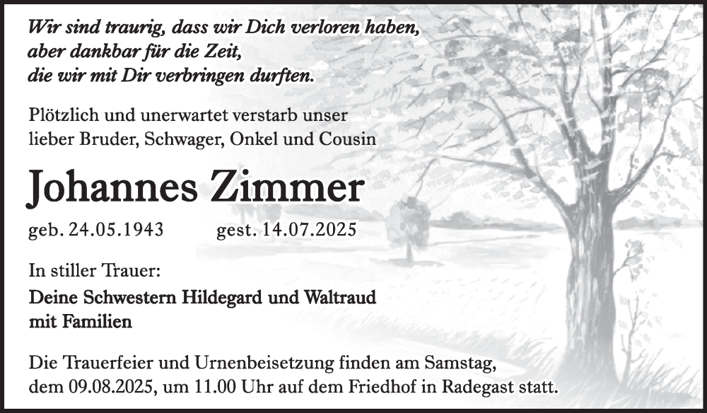  Traueranzeige für Johannes Zimmer vom 26.07.2025 aus Trauerkombi Köthen