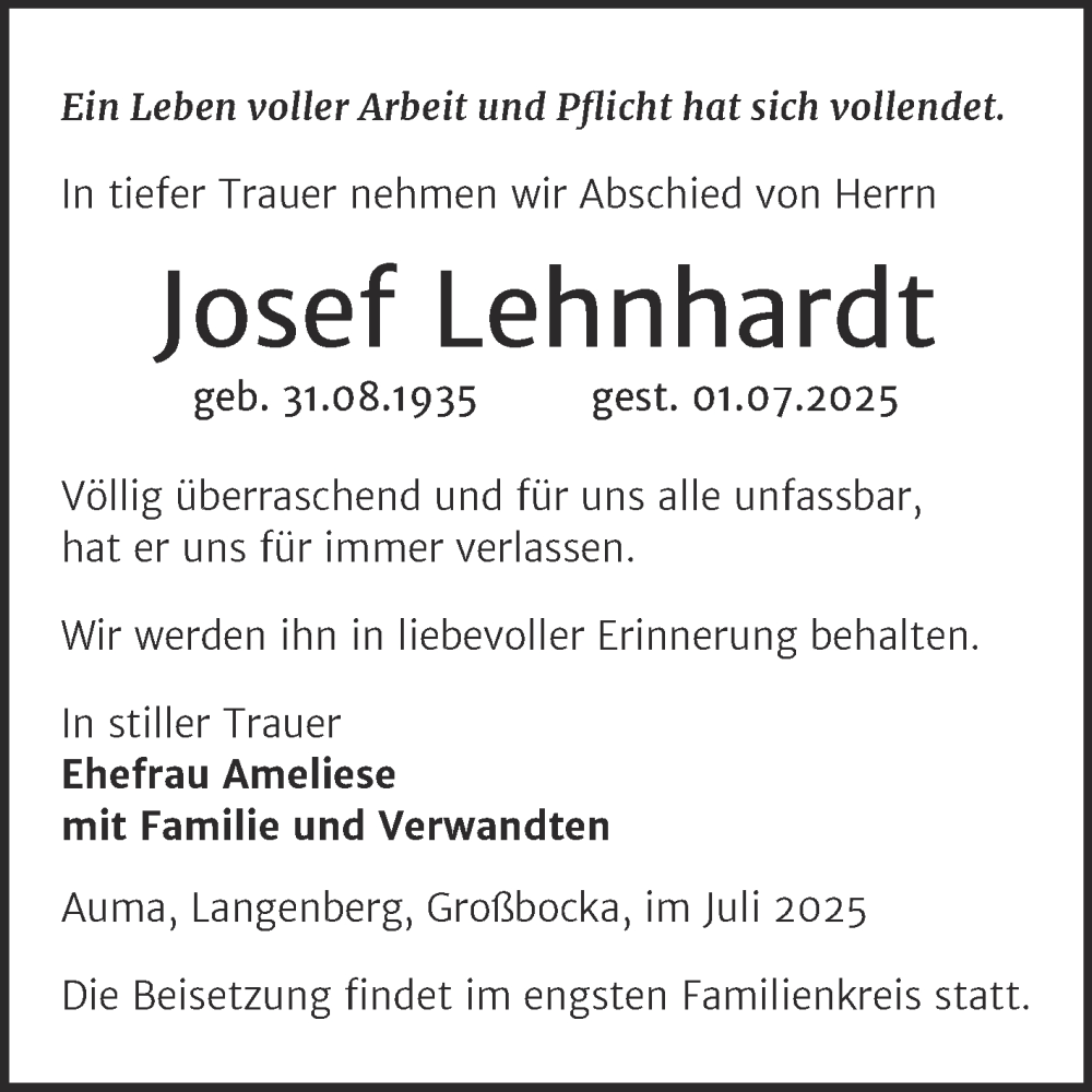  Traueranzeige für Josef Lehnhardt vom 19.07.2025 aus Mitteldeutsche Zeitung Halle/Saalkreis