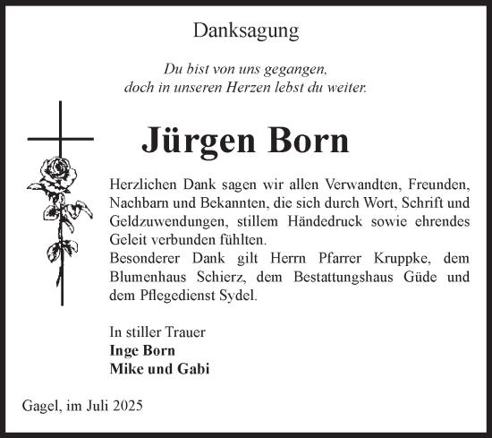 Traueranzeige von Jürgen Born von Volksstimme Altmark Ost