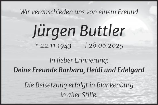 Traueranzeige von Jürgen Buttler von Trauerkombi Quedlinburg